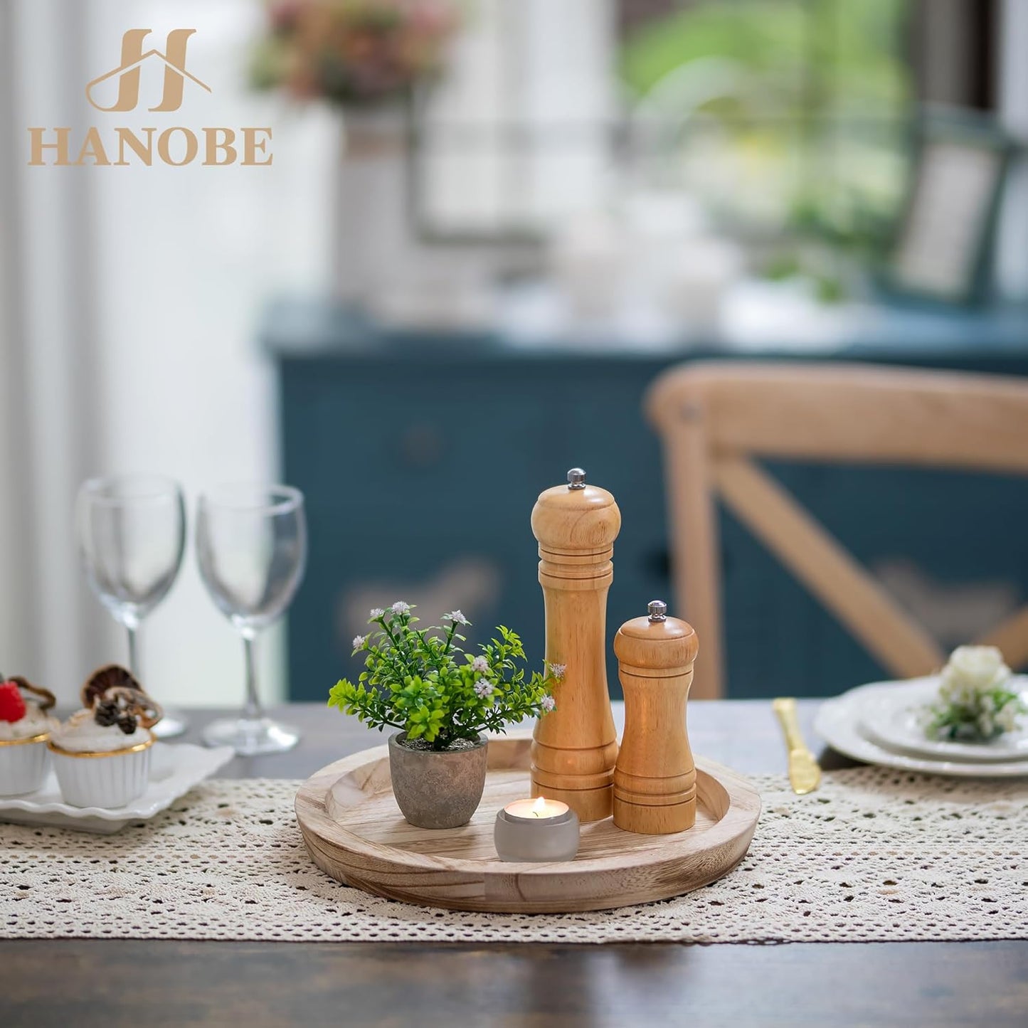 Hanobe Rustic Wooden Serving Tray: Round Wood Decorative Tray Rustic Centerpiece Candle Holder Trays Farmhouse Ottoman Tray for Decor Kitchen Counter Home Decor for Coffee Table