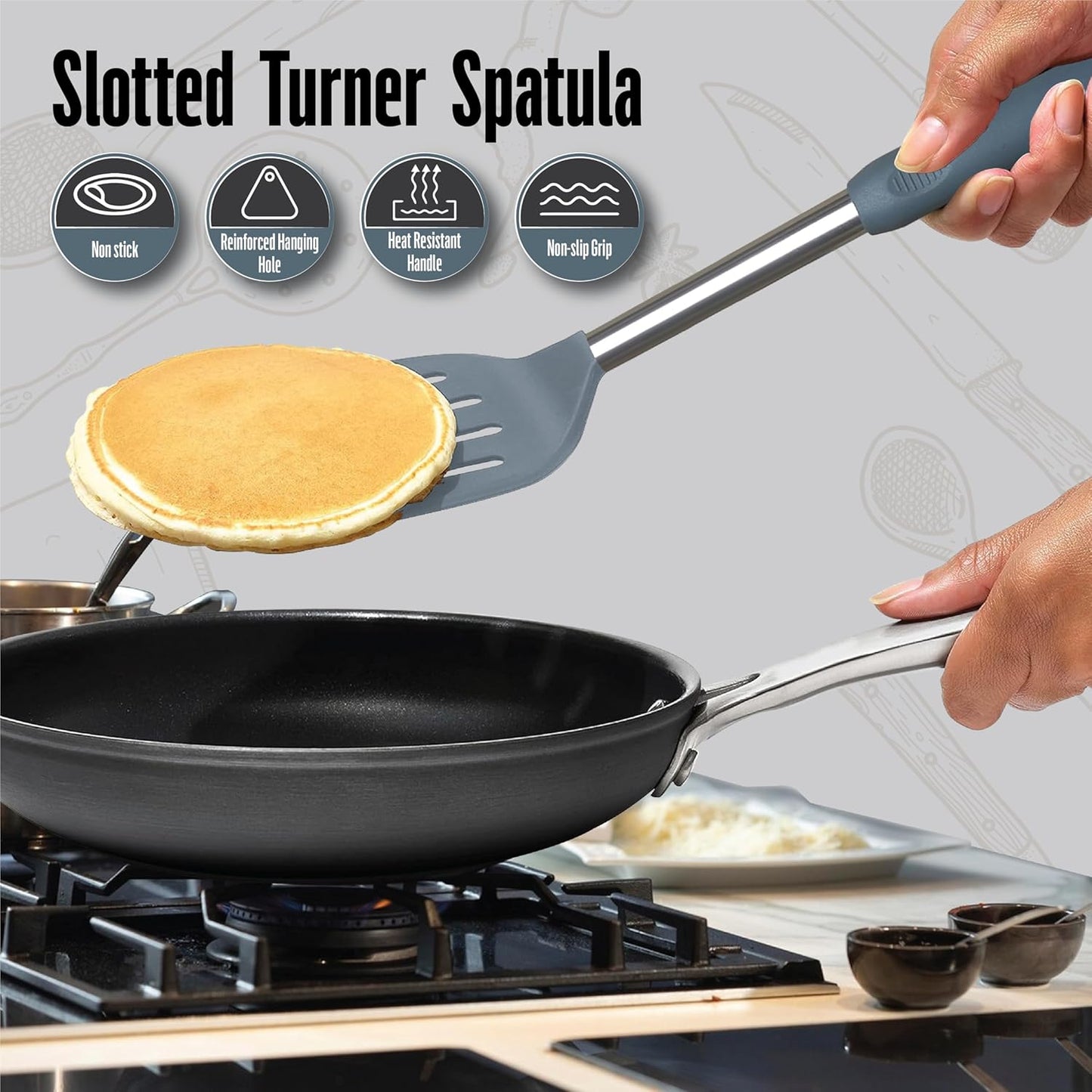 Silicone Spatulas set for kitchen use : Heat Resistant Turner & Slotted Silicone Spatula for Cooking, Non Toxic Kitchen Utensils, Ideal kitchen spatula turner for Eggs & Pancakes (Gray)