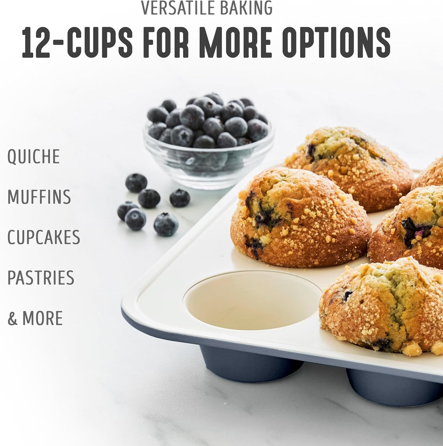 GreenLife 12-Cup Muffin Pan, Healthy Ceramic Nonstick Bakeware, PFOA & PFAS-Free Cupcake Sheet, Durable Baking Tray, Versatile Kitchen Essentials, Easy Clean Muffin Mold, Nonstick Baking Pan, Black