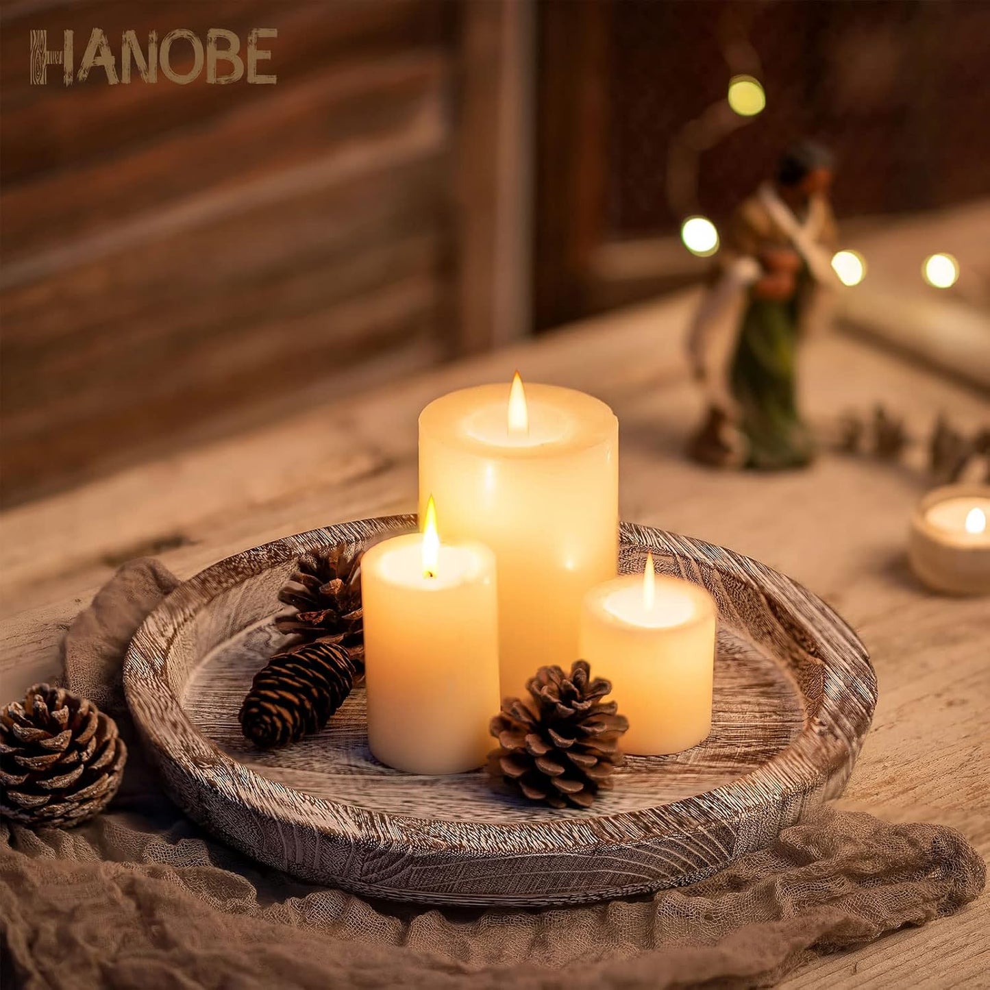 Hanobe Rustic Wooden Serving Tray Set of 2 Round Wood Butler Decorative Tray Whitewash Centerpiece Candle Holder Trays Farmhouse Ottoman Tray for Decor Kitchen Counter Home Decor for Coffee Table