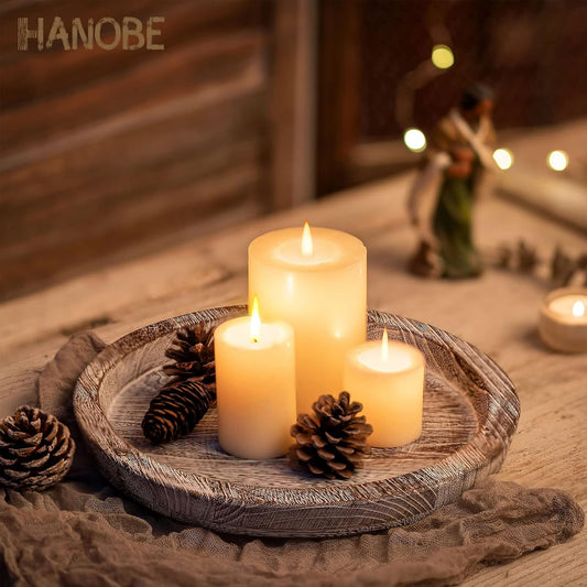 Hanobe Rustic Wooden Serving Tray Set of 2 Round Wood Butler Decorative Tray Whitewash Centerpiece Candle Holder Trays Farmhouse Ottoman Tray for Decor Kitchen Counter Home Decor for Coffee Table
