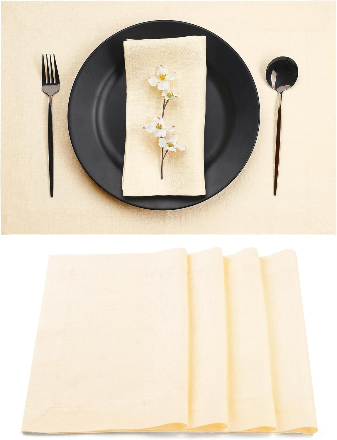 D'Moksha Homes Linen Vanilla Cream Placemats Set of 4-100% Pure Linen Placemats 14 x 19 Inch for Fall, Autumn and Halloween - Handcrafted and Machine Washable