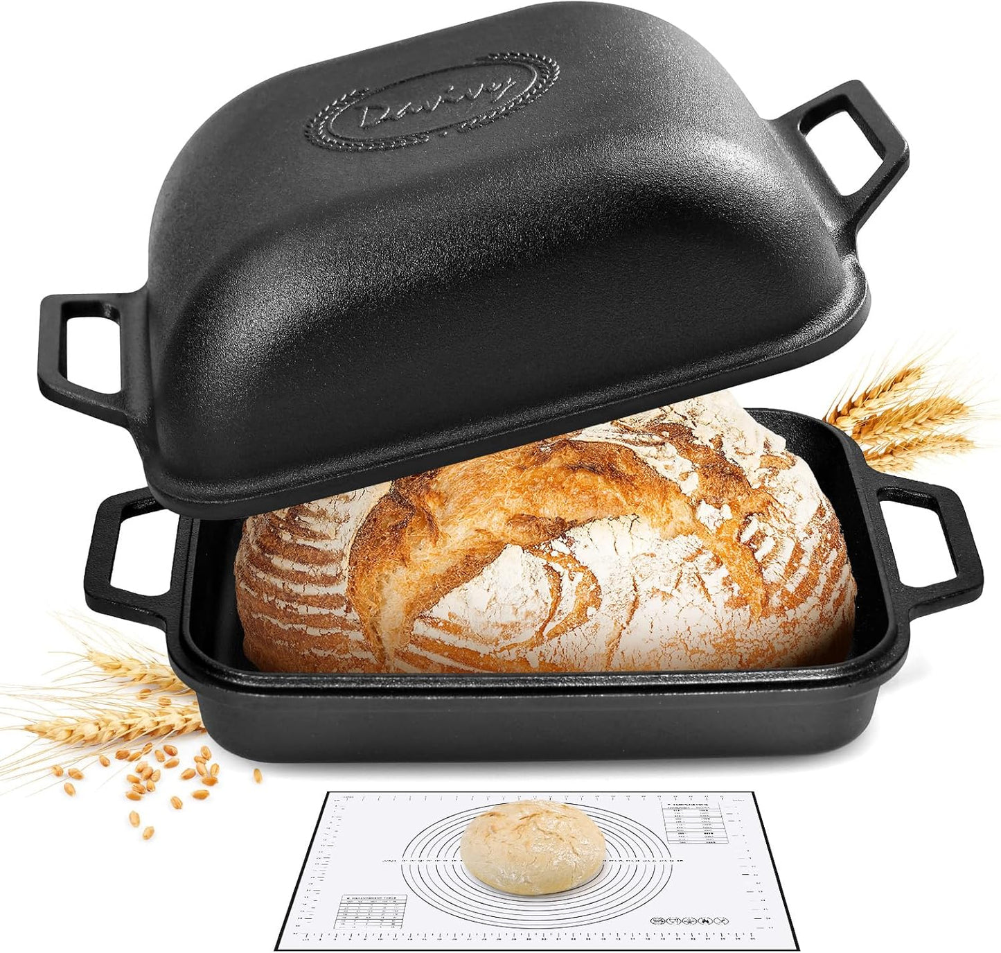 Davivy 9QT Large Dutch Oven for Sourdough Bread with Silicone Baking Mat, Pre-Seasoned Non-stick Cast Iron Sourdough Loaf Pan, Cast Iron Sourdough Baking Pan Large Capacity