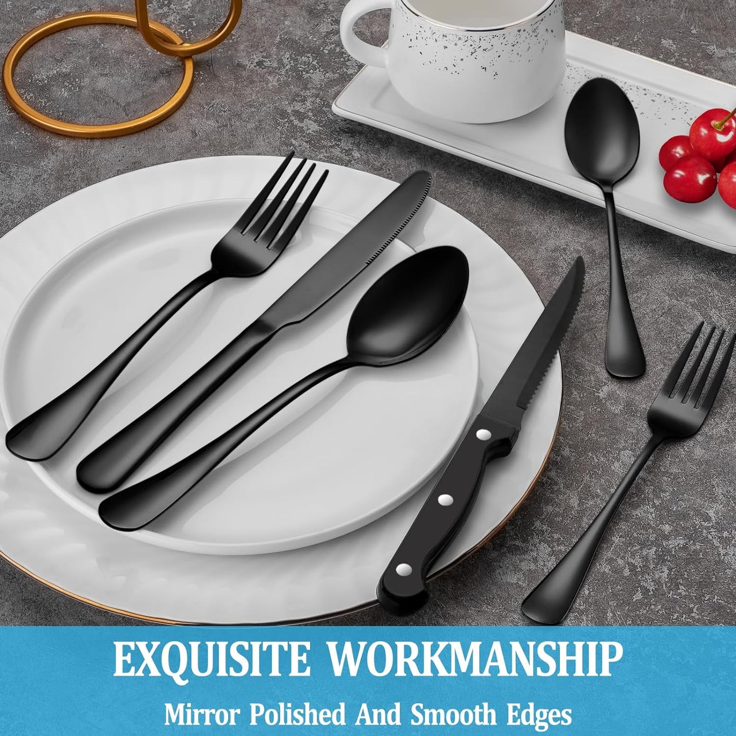 48 Pcs Black Silverware Set with Steak Knives, Stainless Steel Flatware Cutlery Set Service for 8, Kitchen Tableware Set, Utensil Set for Home and Restaurant, Knives Forks Spoon Set, Dishwasher Safe