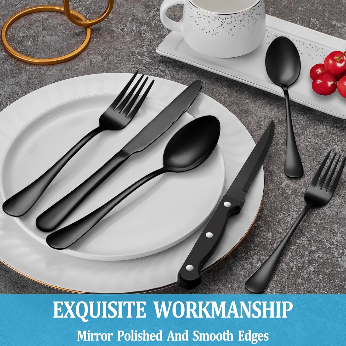 36 Pcs Black Silverware Set with Steak Knives, Stainless Steel Flatware Cutlery Set Service for 6, Kitchen Tableware Set, Utensil Set for Home and Restaurant, Knives Forks Spoon Set, Dishwasher Safe