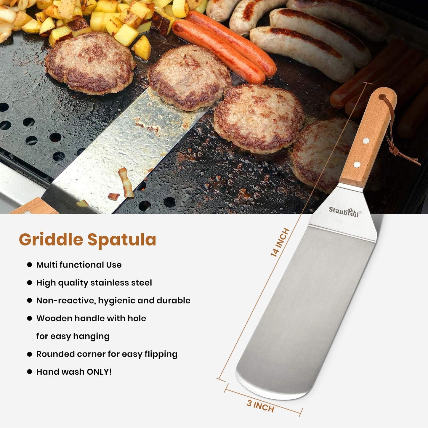 Stanbroil Large Metal Griddle Spatula Set with Long Flat Spatulas and Cast Iron Grill Press for Flat Tops, Griddles, Grills, Ovens and Stoves,Set of 4