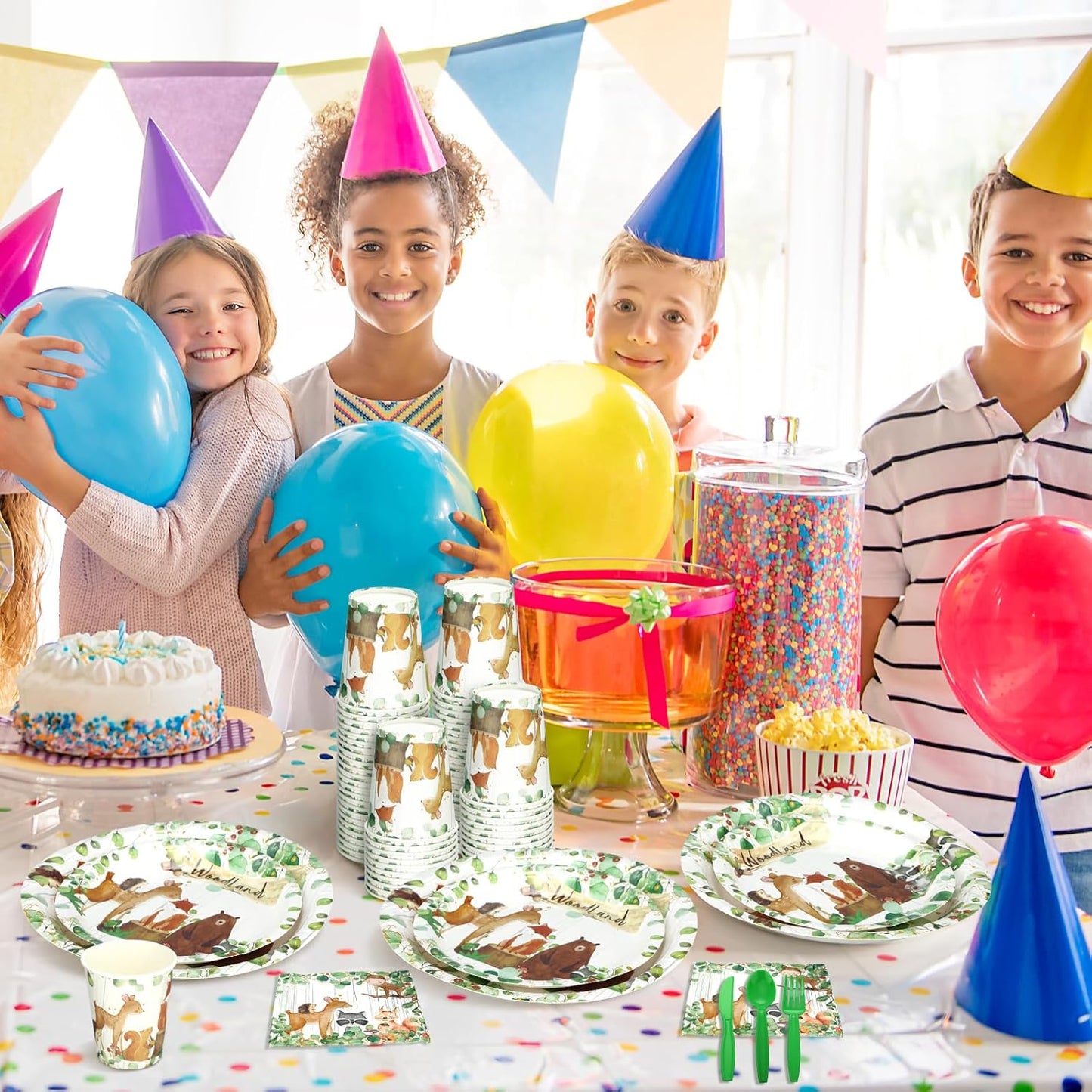 Dandat 350 Pcs Baby Shower Plates Set Baby Shower Party Supplies Serves 50 Tableware Sets Include Plates Napkin Cup Forks Knives Spoons Disposable Dinnerware(Woodland,Green)