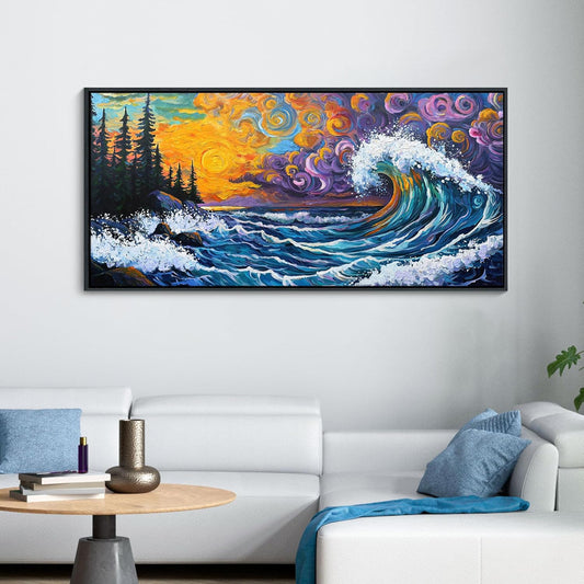 CHATYOUNG Large Framed Wall Art, Abstract Van Gogh Coastal Waves Sunrise Landscape Canvas Paintings Modern Pictures Print Artwork for Living Room Bedroom Kitchen Office Home Wall Decor 24"X48"
