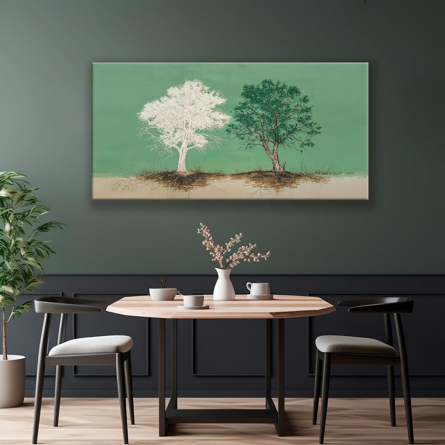 Abstract Wall Art Decoration Modern Home Wall Decor Pure White And Green Canvas Art Wall Decor Tree Of Life Wall Art For Living Room Bedroom Kitchen Bathroom Office 24x48 Inch