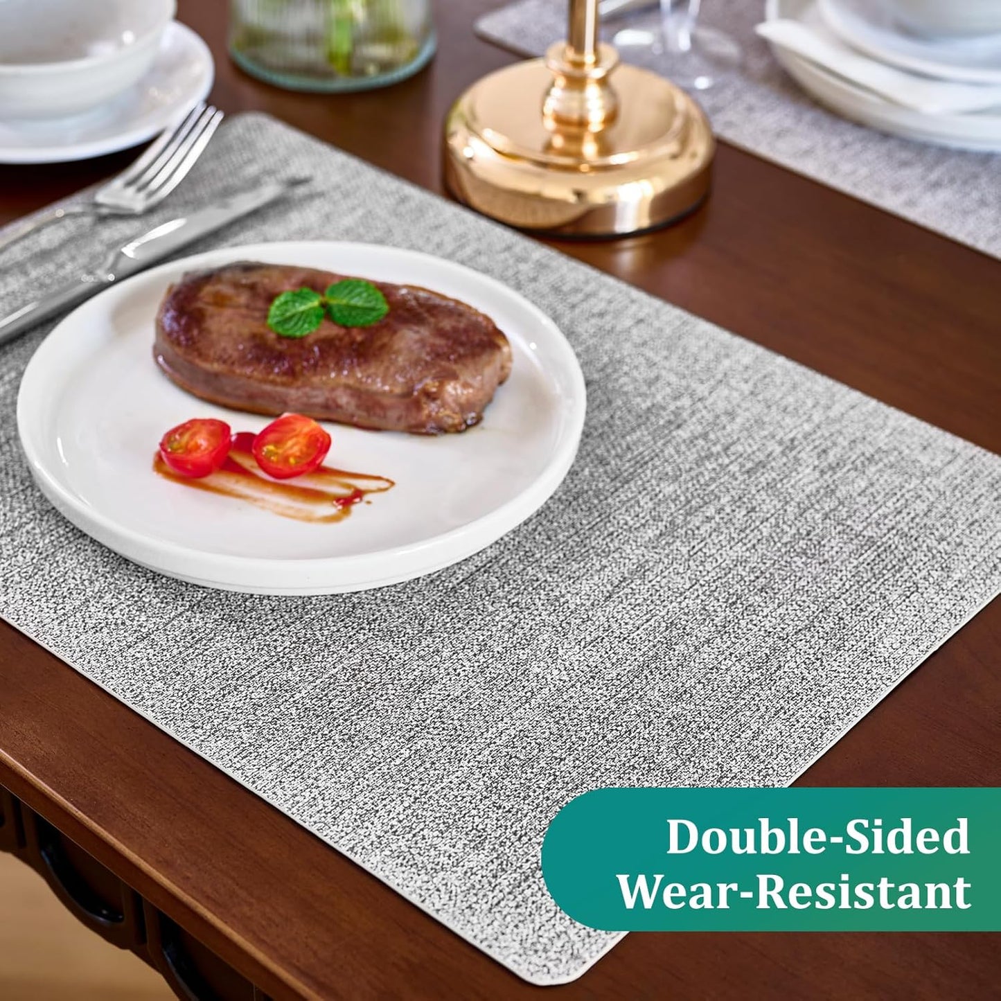 FOCUSLINE Faux Leather Placemats Set of 6, Light Grey Table Place Mats, Waterproof and Non-Slip Dining Table Mats for Indoor & Outdoor Use
