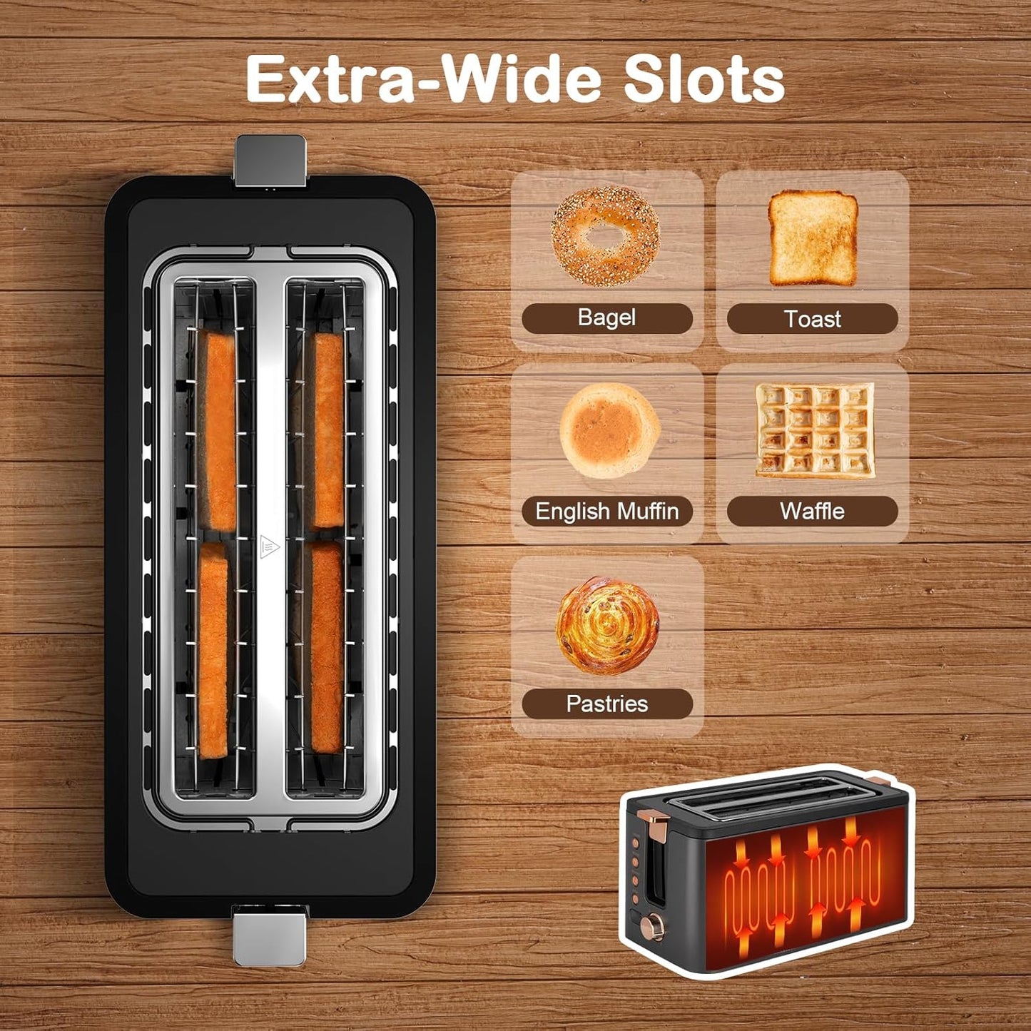 Mecity 4 Slice Toaster, Long Slot Toaster with Timer, Bagel, Defrost, Reheat, Cancel Functions, Warming Rack, Removable Tray, 6 Browning Settings, Extra Wide Slots, Stainless Steel, 1300W