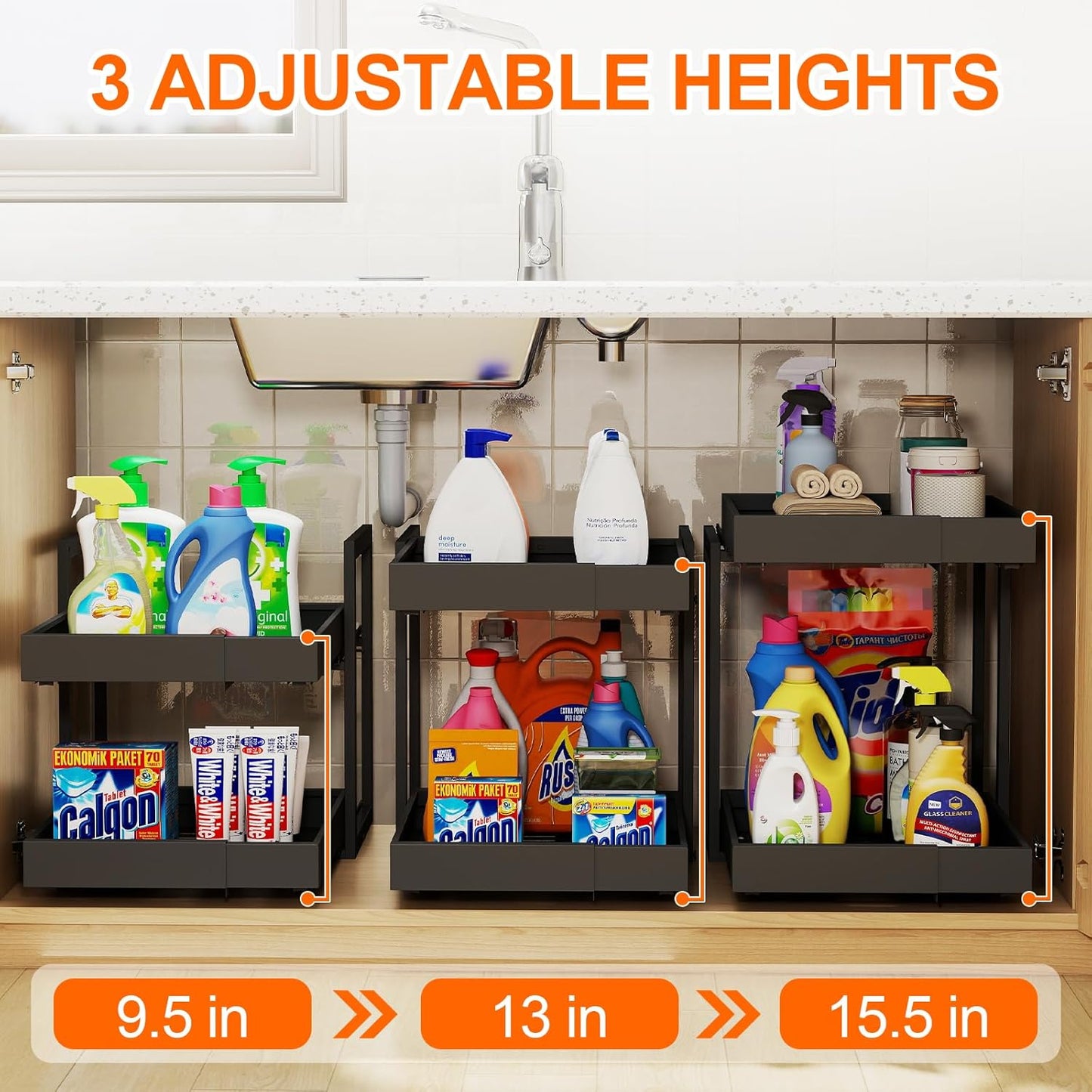 Golener Pull Out Cabinet Organizer - 2 Tiers Expandable Pull-Out Drawers for Kitchen Cabinets, 2 Slide Metal Home Storage Organizers, Slide Out Shelves for Base Cabinet Organization in Kitchen, Black