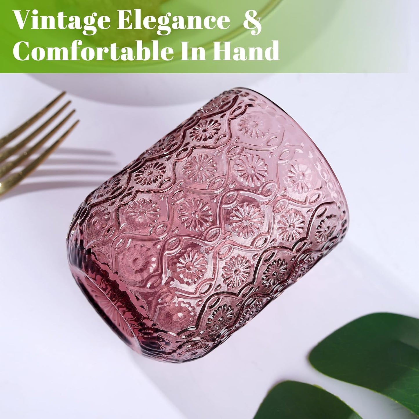 Joeyan Small Drinking Glasses,Vintage Embossed Floral Water Glass Tumbler Cups,Colored Beverages Cocktail Juice Wine Glassware,Multicolor,9 oz,Set of 4,Dishwasher Safe