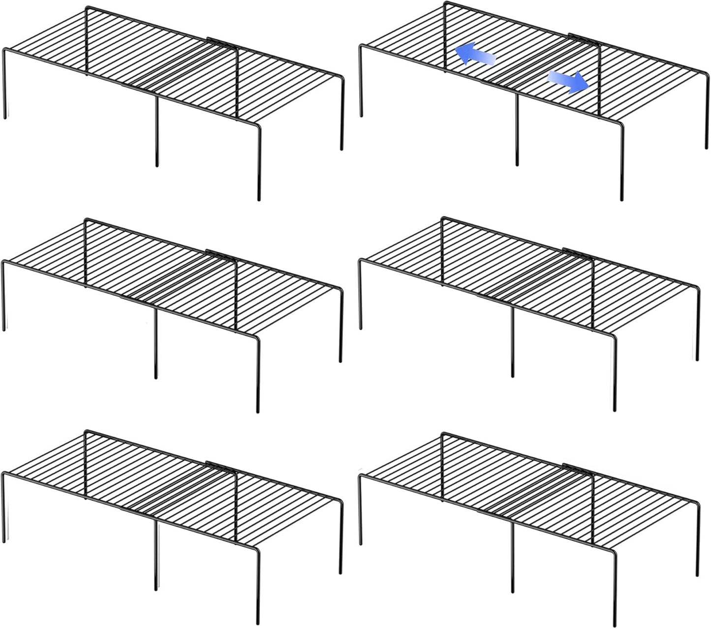 Redrubbit Cabinet Storage Shelf Rack, Expandable Metal Rustproof Kitchen Counter and Cabinet Shelf, Storage Rack Organizer Space Saver for Kitchen, Fridge, Cabinet, Bathroom, Black, Set of 6