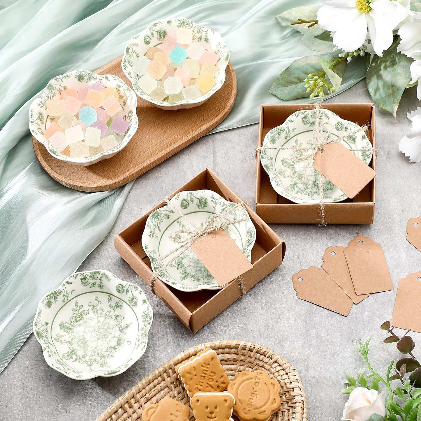 24 Pcs Wedding Favors for Guests Small Ceramic Bowl Bulk Gifts Set 3.3 Inch Floral Design Mini Dipping Bowl Sauce Dish with Cards Box for Bridal Baby Shower Birthday Guest Gift (Sage Green)