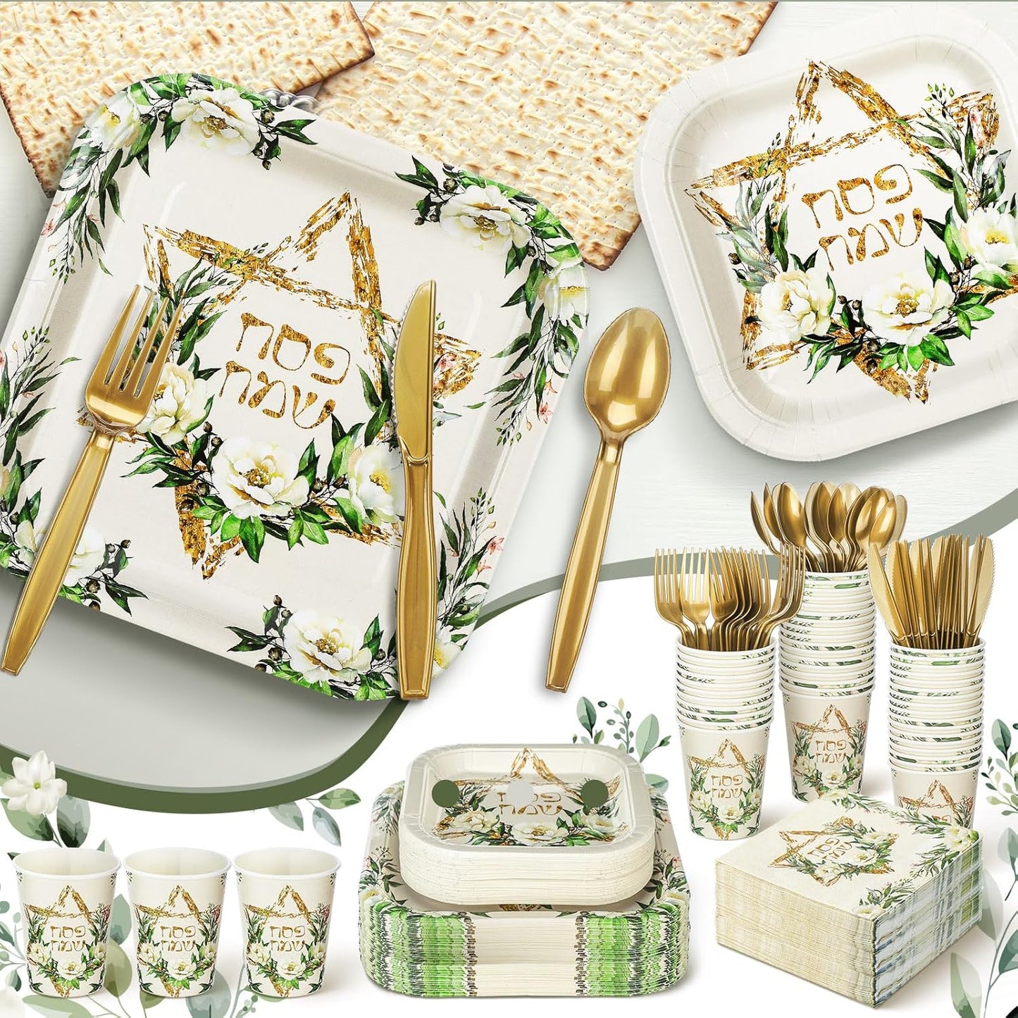 350 Pcs Paper Plates and Napkins Set Disposable Dinnerware Party Supplies Tableware Serve 50 Guest Cups Knife Forks Spoon(Green,Gold,Passover)