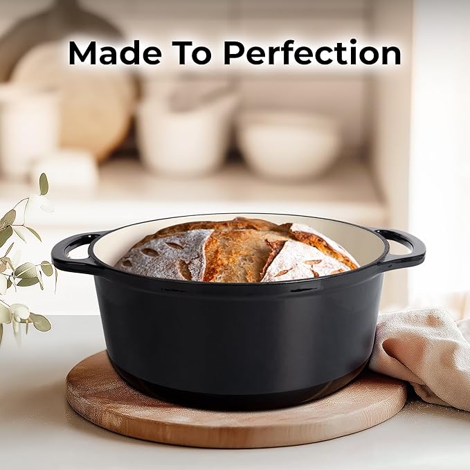 Zulay Kitchen 5 Quart Enameled Cast Iron Dutch Oven Pot with Lid – Premium Durability & Oven Safe up to 500°F – Heavy Duty Cookware Perfect for Bread Baking, Stews, Braising & Roasting – Black