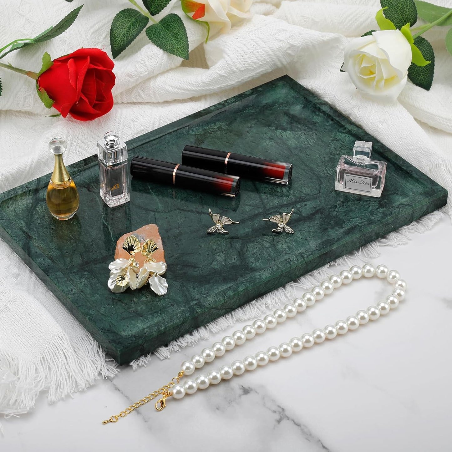 Real Luxurious Natural Marble Tray - 12x8 Inch Marble Vanity Tray for Perfume Display, Jewelry Organizer, Bathroom & Home Decor -Heavy Duty Non-Slip Stone Tray (Non-Resin/Non-Ceramic)（Green）