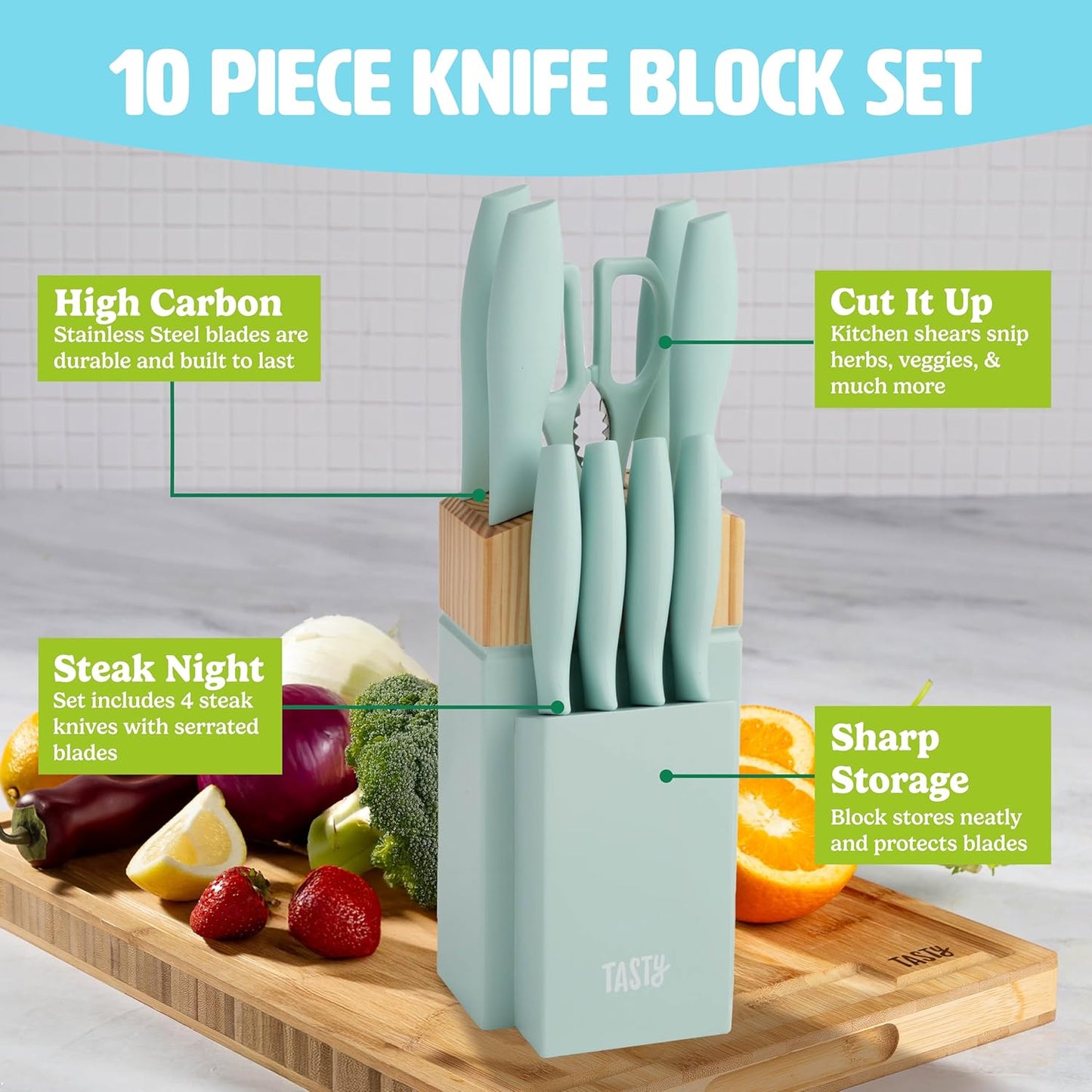 Tasty Kitchen Knife Set with Block, Cutlery Set includes Chef, Bread, Utility, Paring, Steak Knives & Shears, 10-Piece, Aqua