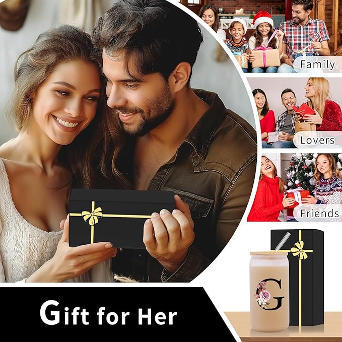 Monogrammed Glass Drinking Cup With Lid Straw Happy Birthday Gifts for Adult Men Women Who Have Everything Want Nothing Dad Mom Guy People Couples Parents Cool Funny Unique Special Christmas Present,G