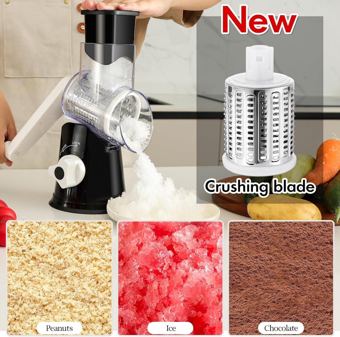 Ourokhome Rotary Cheese Grater Hand Crank, Kitchen Shredder Speed Mandolin Slicer Ice Shaver with Handle and Drum Blades for Cheese, Vegetable, Nuts, Chocolate, Potato, Carrot, 5 Blades, Black