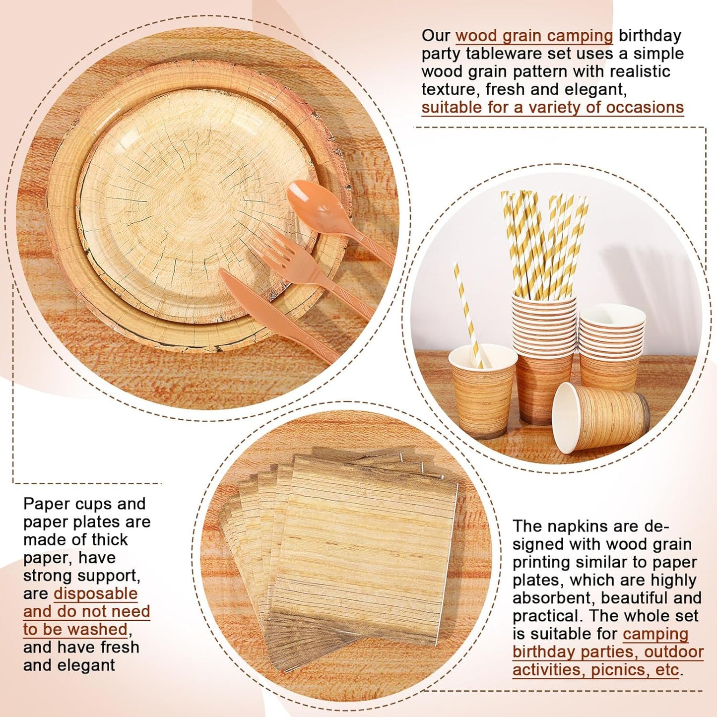 Sawysine 202 Pcs Wood Grain Party Supplies Disposable Dinnerware Set 50 Plates 25 Cups 25 Napkins 25 Plastic Forks 25 Knives 25 Spoons 25 Straw Flag Tablecloth to Serve 25 Guests