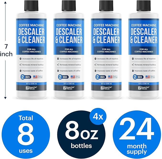 Essential Vales Descaling Solution (8 Uses) Coffee Machine Descaler Cleaner - Compatible with Breville Keurig Nespresso Delonghi - Liquid To Descale Coffee & Espresso Machines