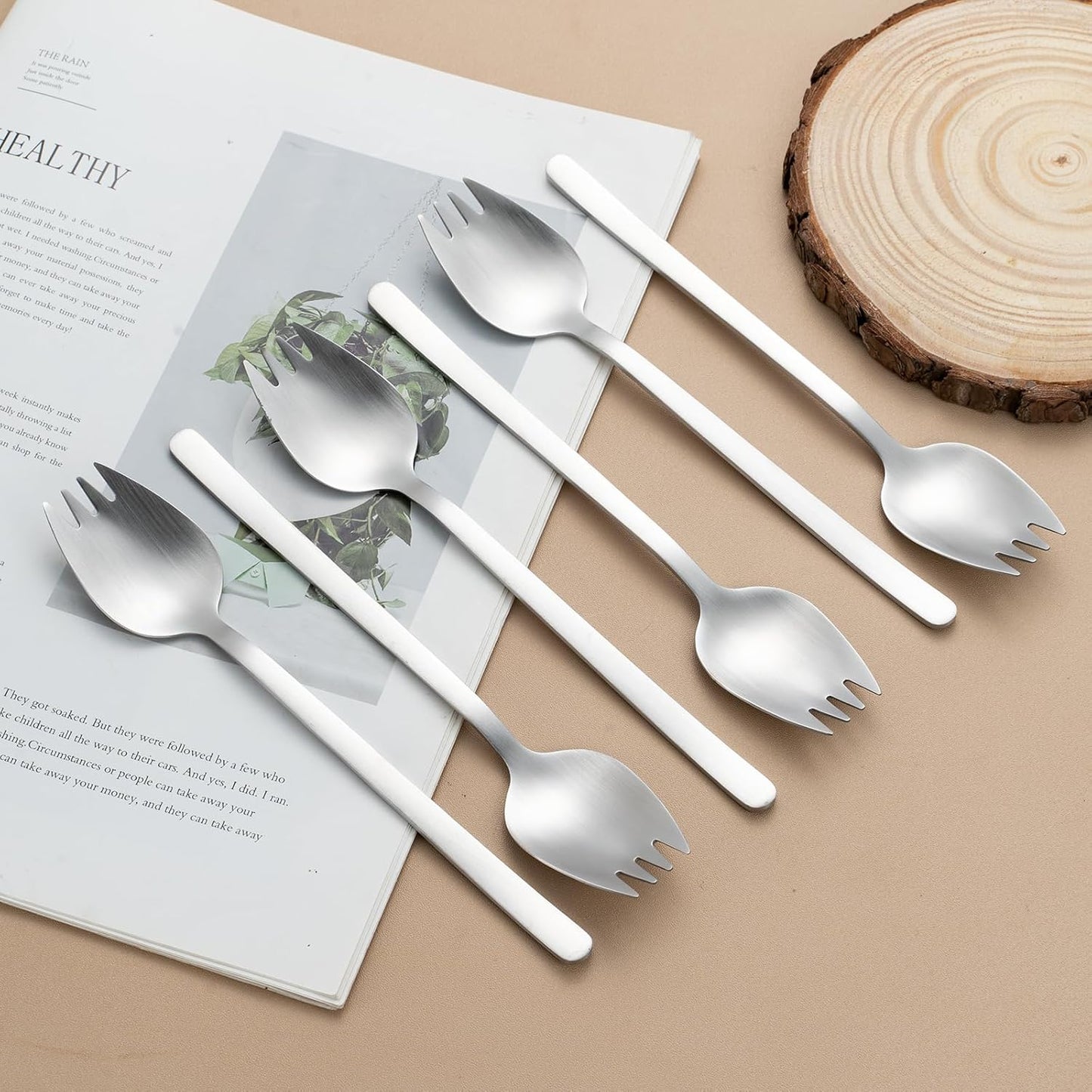 8-Piece Silver Salad Serving Set - 11.4 inch Stainless Steel Spoon & Fork with 6 Salad Forks, Titanium Plating, Dishwasher Safe for Entertaining, Parties