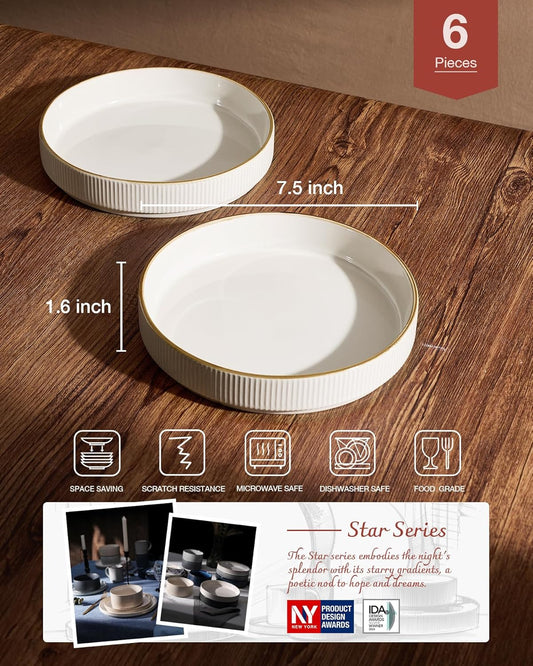 famiware Star 7.5" Pasta Bowls Set, Salad Bowl Set of 6, Double Reactive Glaze, Stackable, Perfect for Your Friend for Housewarming, Thanksgiving, Christmas, White