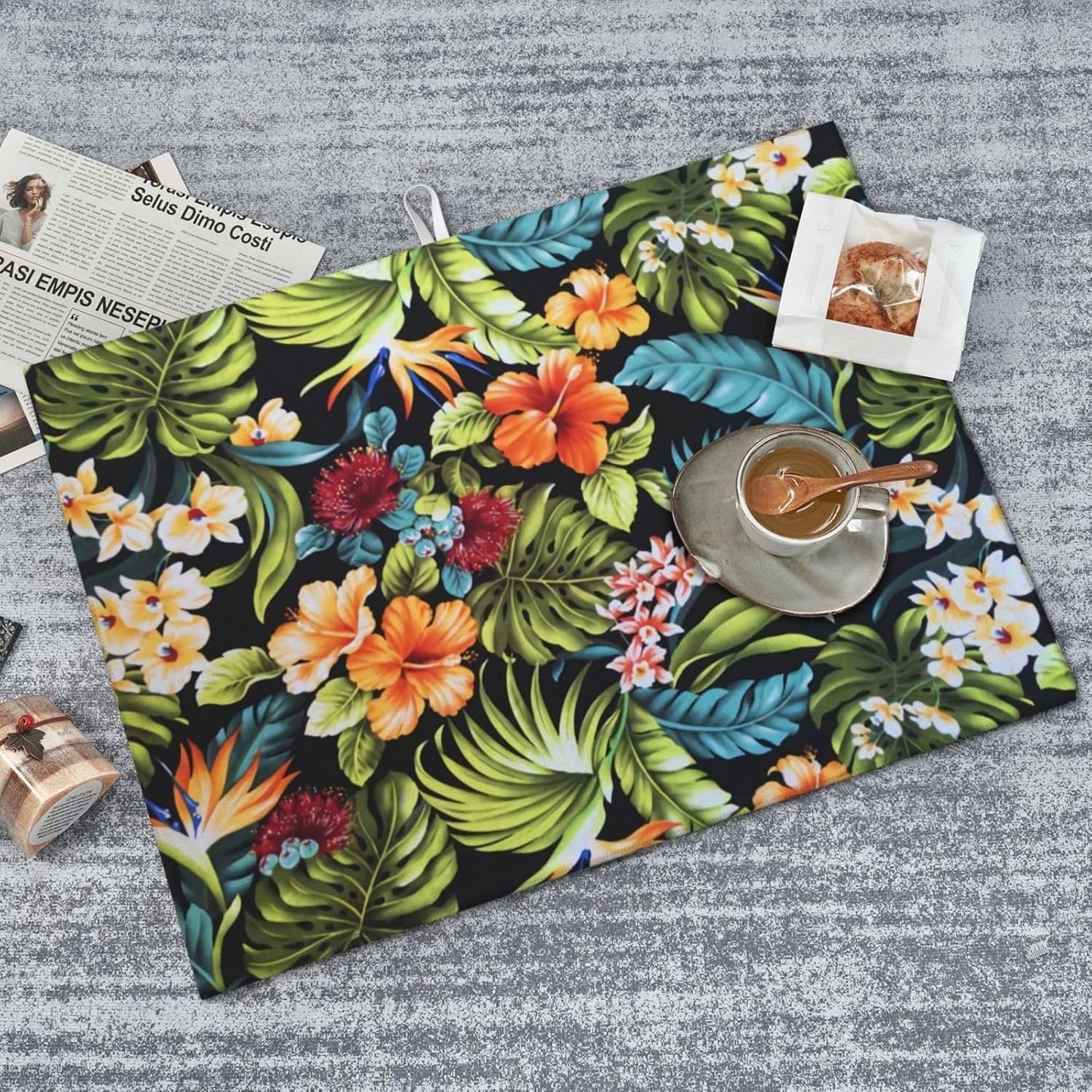 Orange Flowers Hawaii Dish Drying Mat for Kitchen Counter, Floral Flowery 18"x24" Blossom Coffee Bar Dish Drainer Rack Mats Coffee Pot Maker Accessories Decoration Dining Room Pet Feeding Mat Decor