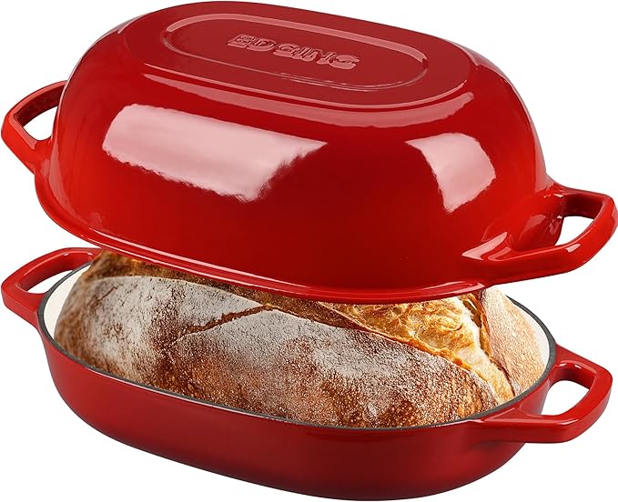 Enameled Cast Iron Oval Dutch Oven Pot with Lid, Dutch Oven for Sourdough Bread Baking, Oval Bread Pan, 7qt, Red