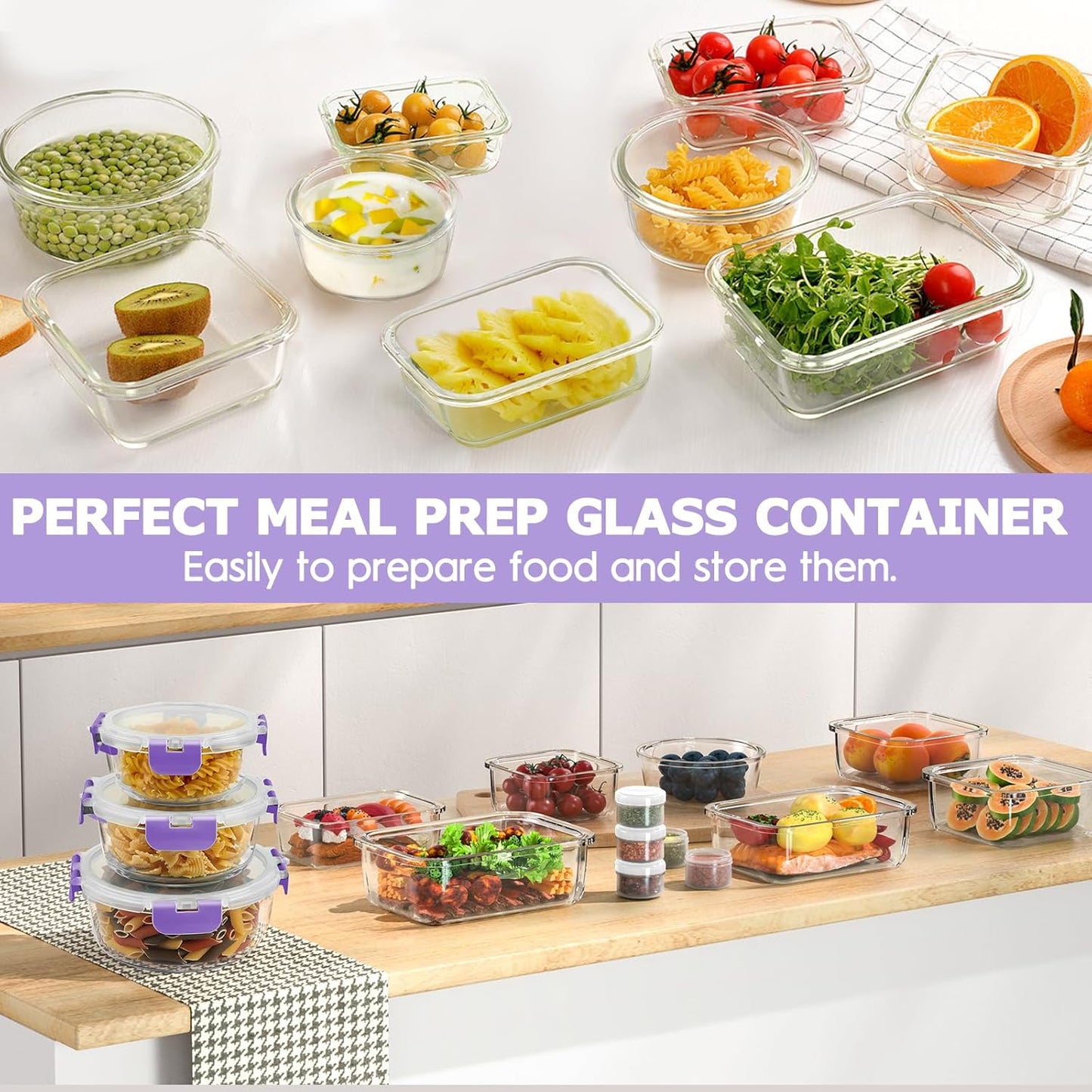 34pcs Glass Food Storage Containers with Lids Set, Airtight Glass Meal Prep Containers (17 Containers & 17 Lids), Leak Proof Lunch Container BPA-Free, Microwave, Oven, Freezer, Dishwasher Safe-Purple