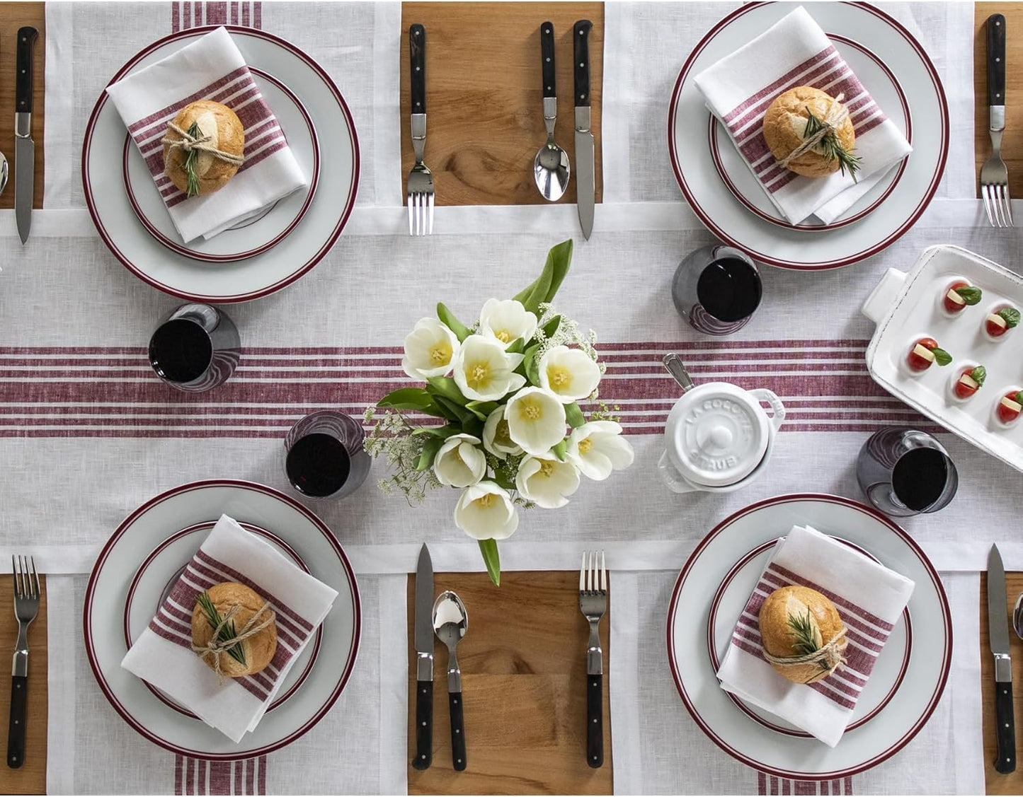 Solino Home Linen Table Runner 60 Inches - 100% Pure Linen Burgundy and White Farmhouse Table Runner 14 x 60 Inch Ideal for Dresser and Coffee Tables - Fall, Autumn, Halloween, Thanksgiving, Christmas