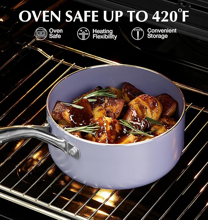 KOCH SYSTEME CS Nonstick Sauce Pan with Lid, 1 Quart Saucepan with Lid, 1 QT Nonstick Ceramic Small Sauce Pan with Stainless Steel Handle, Non-Toxic Ceramic Saucepan, Oven Safe, Purple