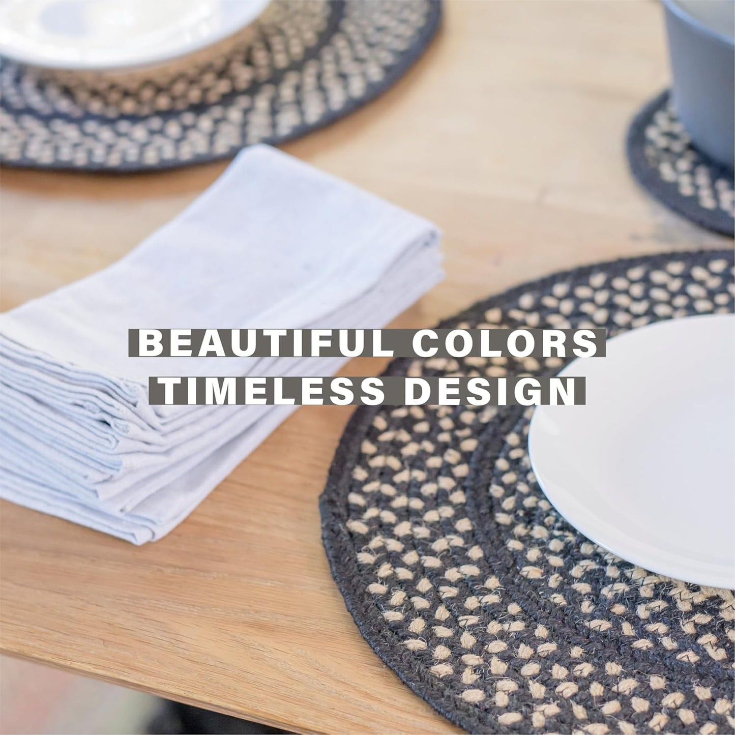 Homespice Manchester Jute Braided Trivets for Table, Country Primitive Decor, Set of 3, Black and Tan 8" Round Heat Resistant Mats - Rich Colors, Easy to Clean, Durable and Protects Furniture