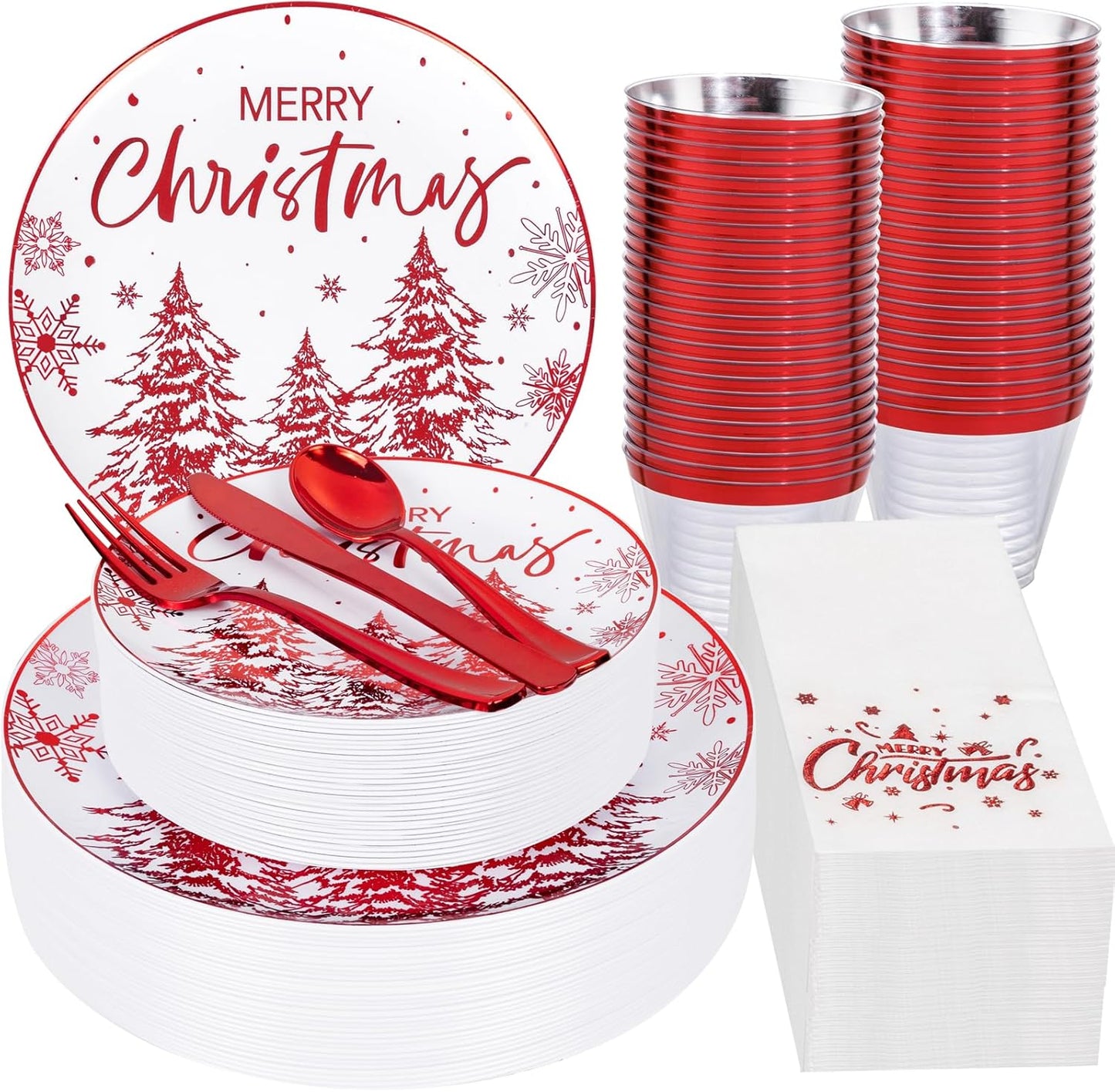 Rubtlamp 175 Pcs Christmas Plastic Plates And Napkins, Christmas Plates Disposable, White And Red Plastic Dinnerware Include 25Dessert Platos, 25Dinner Platos, 75 plastic cultery, 25Cups, 25Napkins