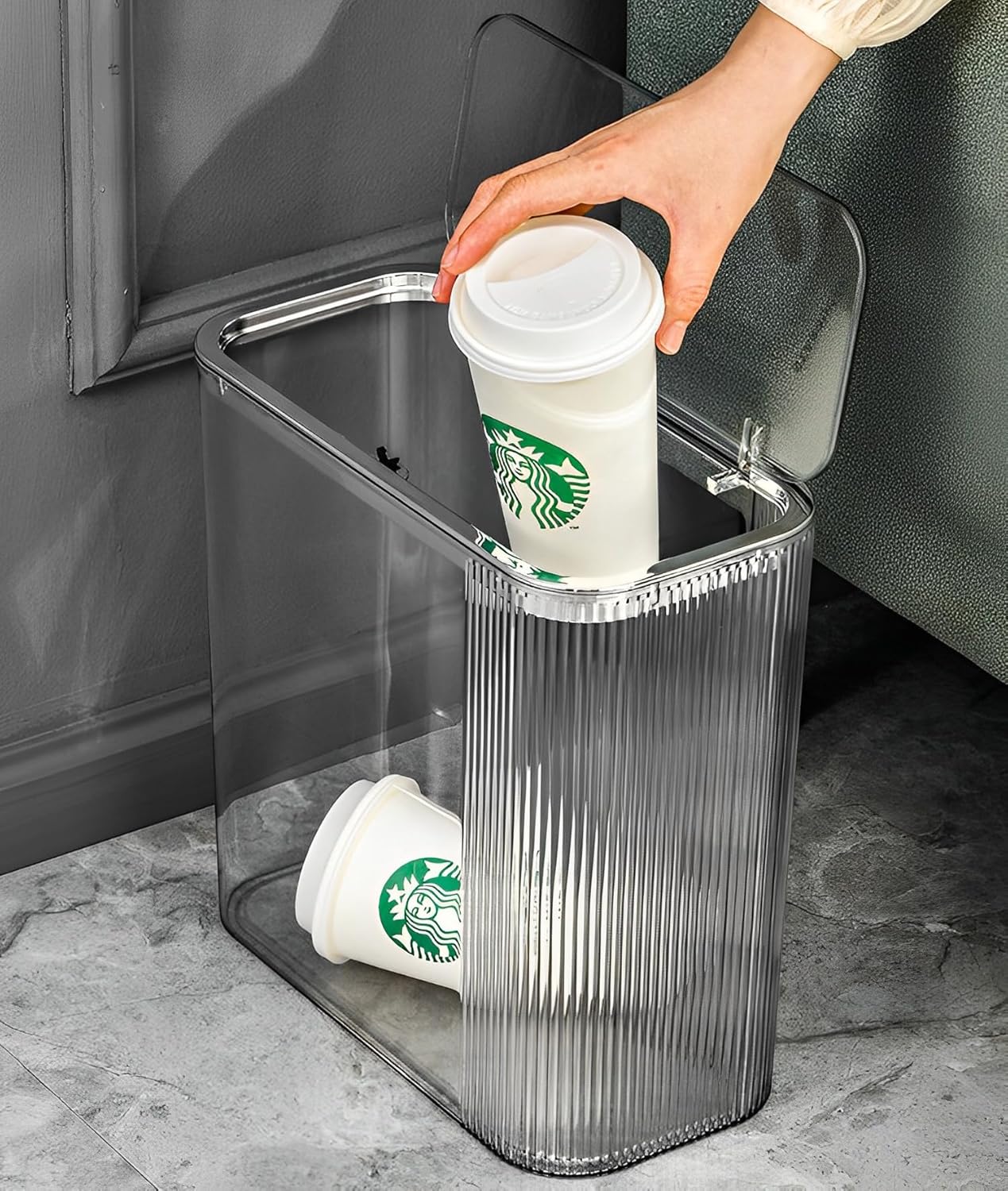 Sooyee Clear 14 Liter Bathroom Trash Can with Lid,3.9 Gallon Garbage Can with Press Type Lid,Trash Bin for Bathroom,Powder Room,Bedroom,Kitchen,Craft Room,Office