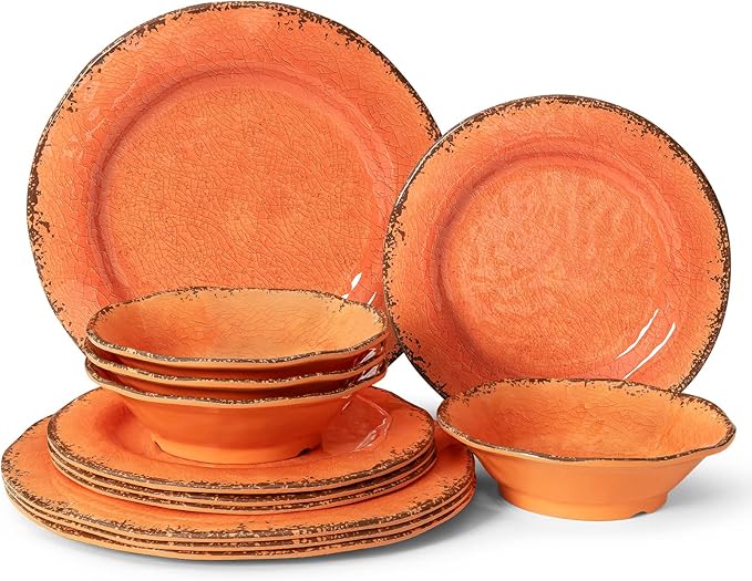LEHAHA 12 Piece Crackle Lightweight Melamine Dinnerware Set-Service for 4, break-resistant and Durable Rustic Plates and Bowls Dishware Sets Perfect for Patio and Outdoor Activities