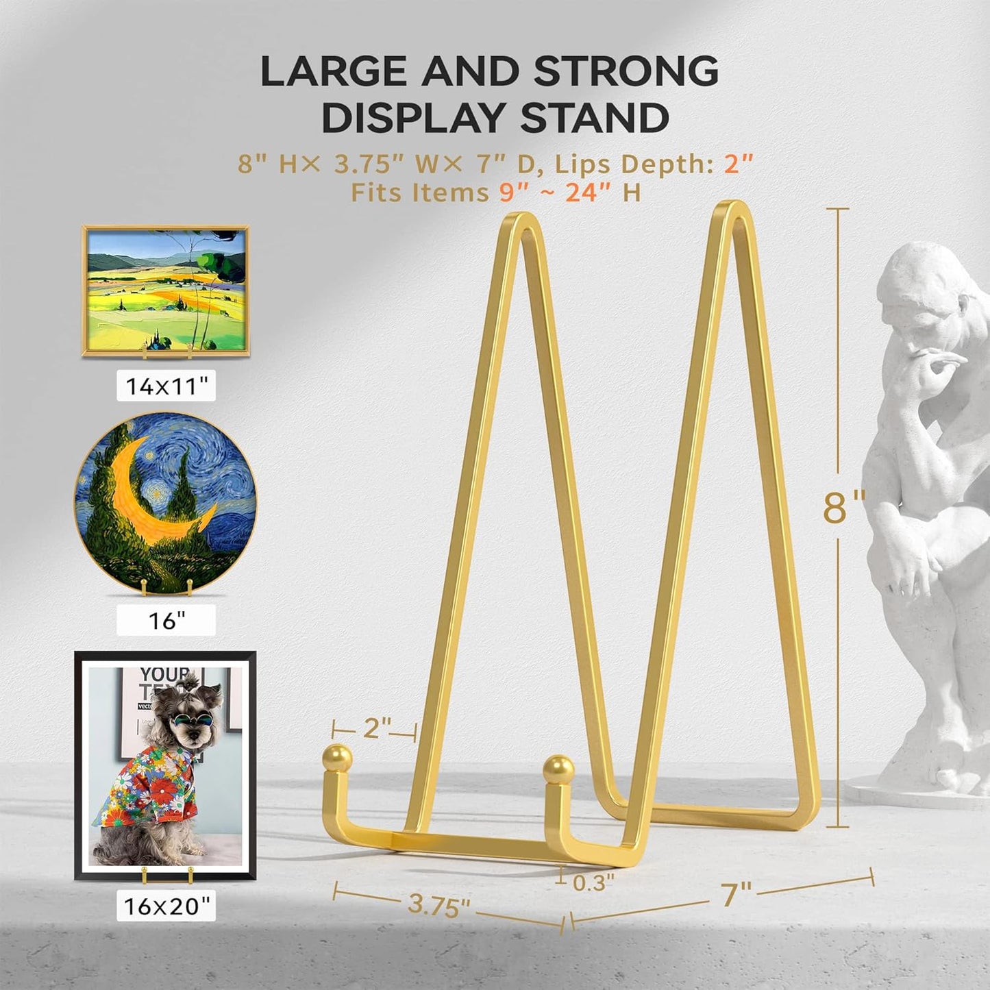 8 Inch Large Plate Stands for Display - Metal Plate Holder Display Stand, Picture Stand for Book, Platter, Plaque, Photo Frame, Small Easel Tabletop Art Display (Gold 2 Pack)