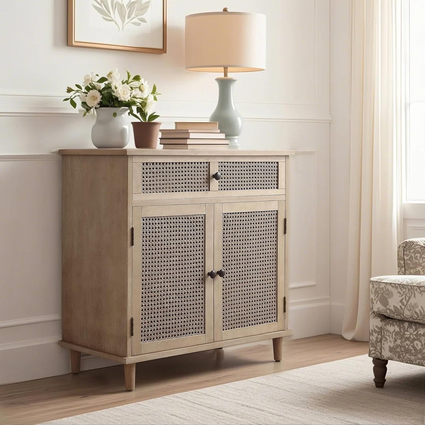 Sideboard Buffet Cabinet, Rattan Storage Cabinet with 2 Doors and Removable Shelf, Farmhouse Decor with Drawers for Living Room, Entryway, Hallway, Kitchen, Dining Room
