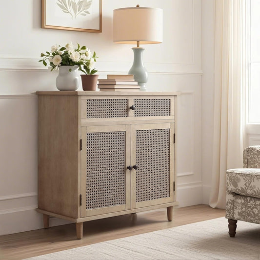 Sideboard Buffet Cabinet, Rattan Storage Cabinet with 2 Doors and Removable Shelf, Farmhouse Decor with Drawers for Living Room, Entryway, Hallway, Kitchen, Dining Room