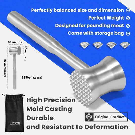 304 Stainless Steel Meat Tenderizer Mallet, Dual Side Meat Hammer Chicken Pounder, Heavy Duty Meat Beater for Steak and Beef, Meat Pounder Kitchen Cooking Mallet Dishwasher Safe