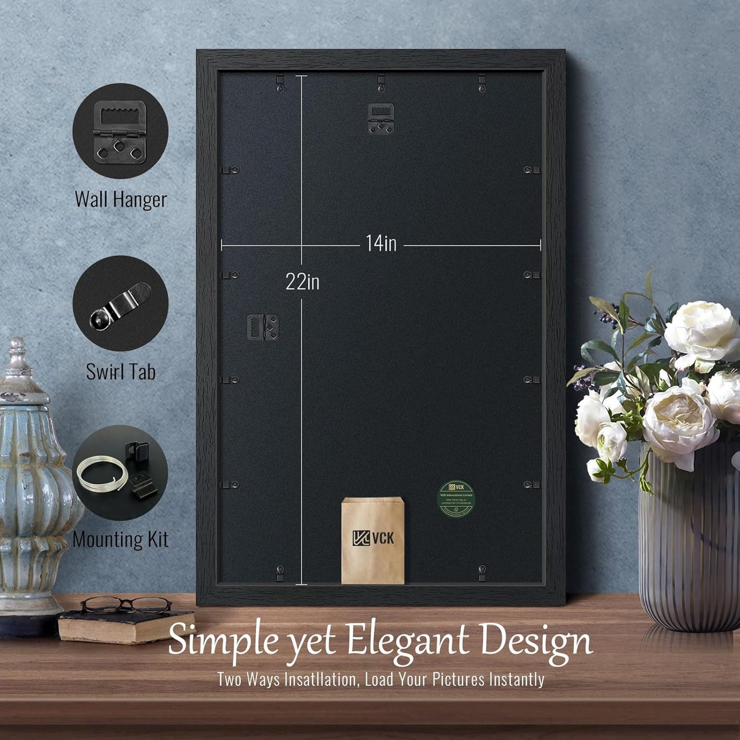 VCK 14x22 Picture Frame Set of 5, Black Solid Wood Poster Frames, Textured Exclusive Wall Gallery Frame