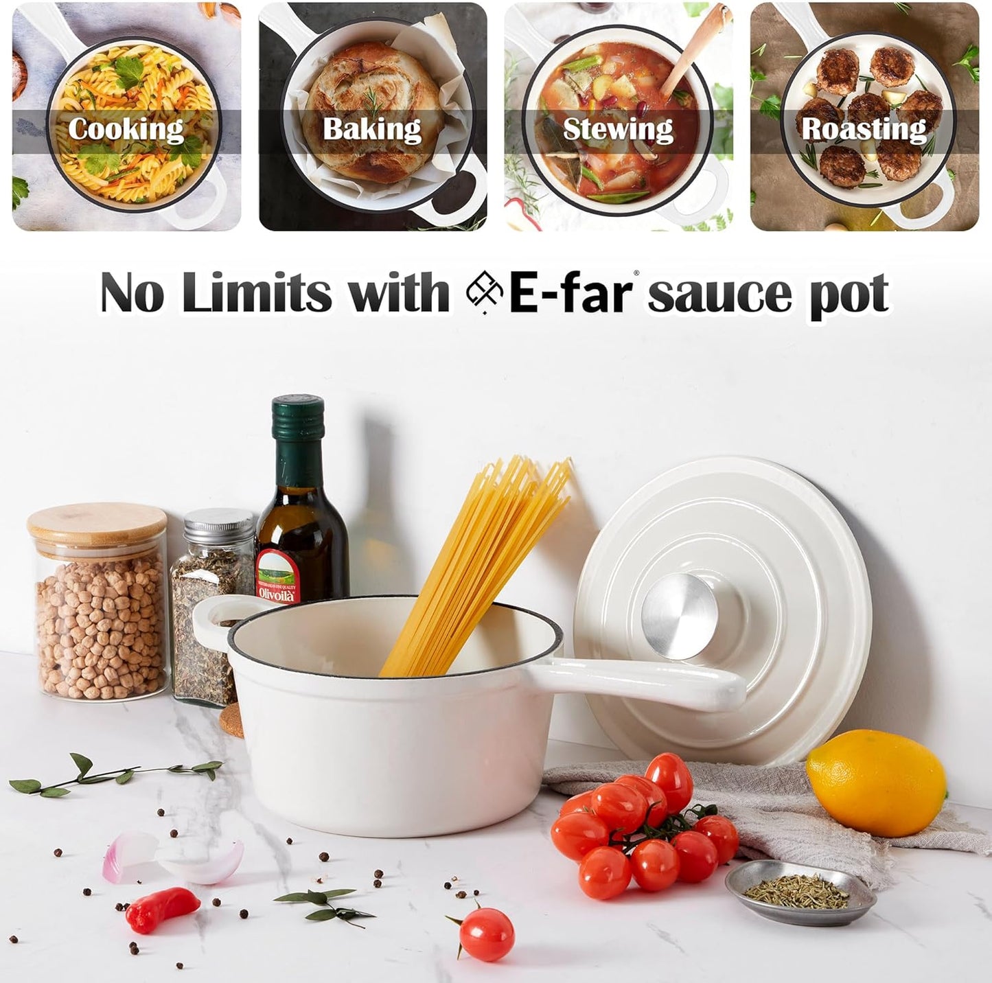 E-far Sauce Pan Set with Lid, 1Qt & 2Qt Enameled Cast Iron Pot Sets for Kitchen Cooking, Small Heavy Duty Dutch Oven Saucepans & Self-basting Lids, Induction-Ready & Easy Clean, White