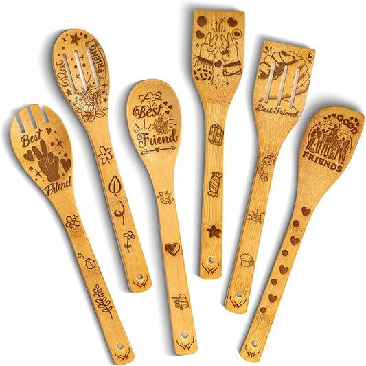Wooden Spoons for Cooking - 6-Piece Wooden Utensil Set with Spatulas & Spoons, Heat-Resistant, Eco-Friendly Kitchen Utensils for Non-Stick Cookware (Best Friend)