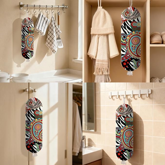Plastic Bag Holder Bohemian Bag Holder Dispenser, Plastic Grocery Organizer & Wall Mount Paper Trash Bags Saver Storage for Kitchen Home Pantry Decor, Shopping Bags Storage Dispenser