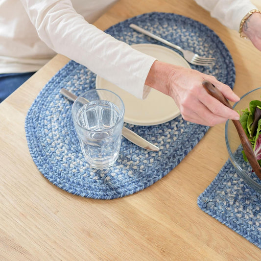 Homespice Denim Jute Braided Placemats, Country Coastal Decor, Set of 4, Blue 13x19 Oval Table Mats - Vibrant Colors, Durable, Easy to Clean and Protects Furniture