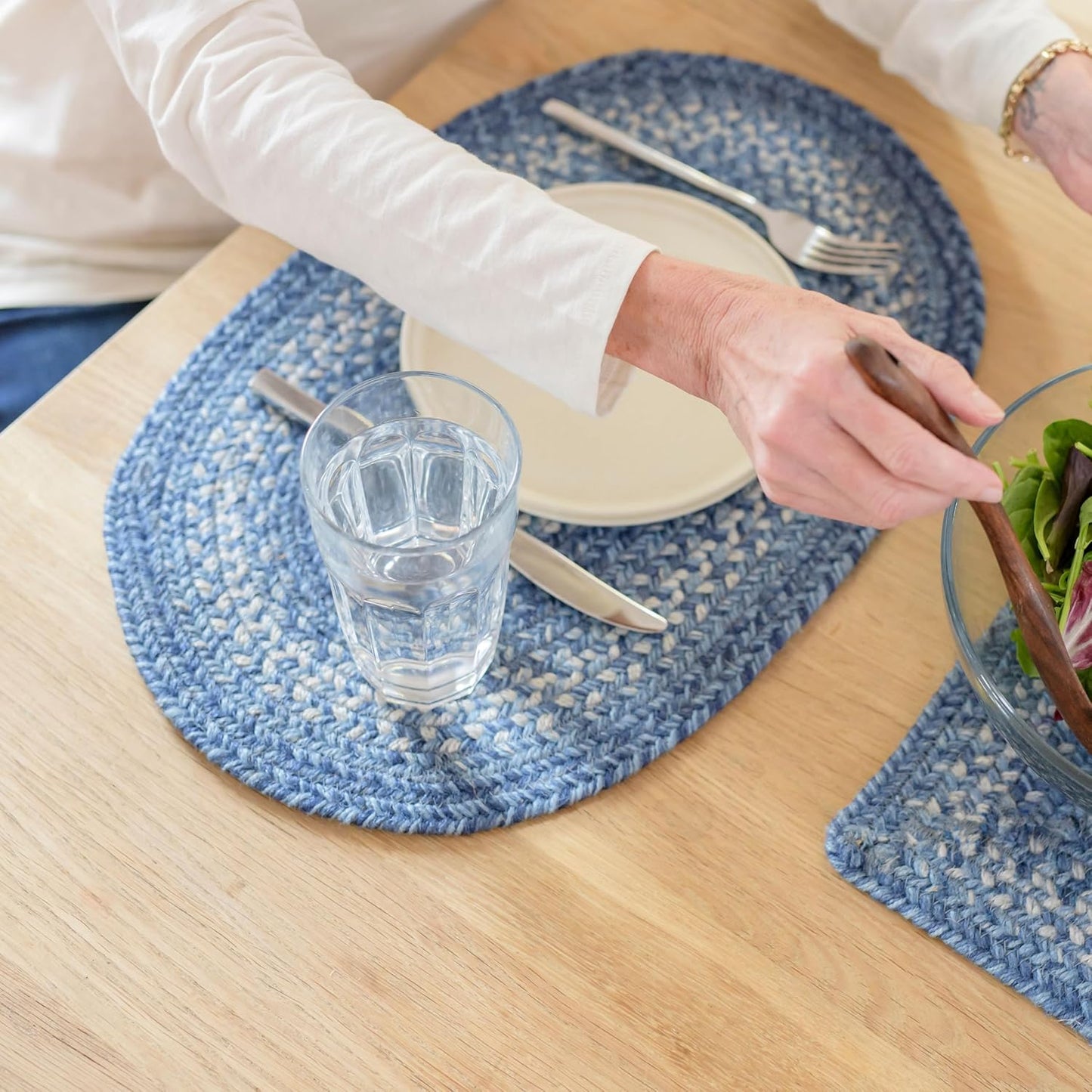 Homespice Denim Jute Braided Oval Placemats, Country Coastal Decor, Set of 6, 13x19 Blue Table Mats - Vibrant Colors, Durable, Easy to Clean and Protects Furniture