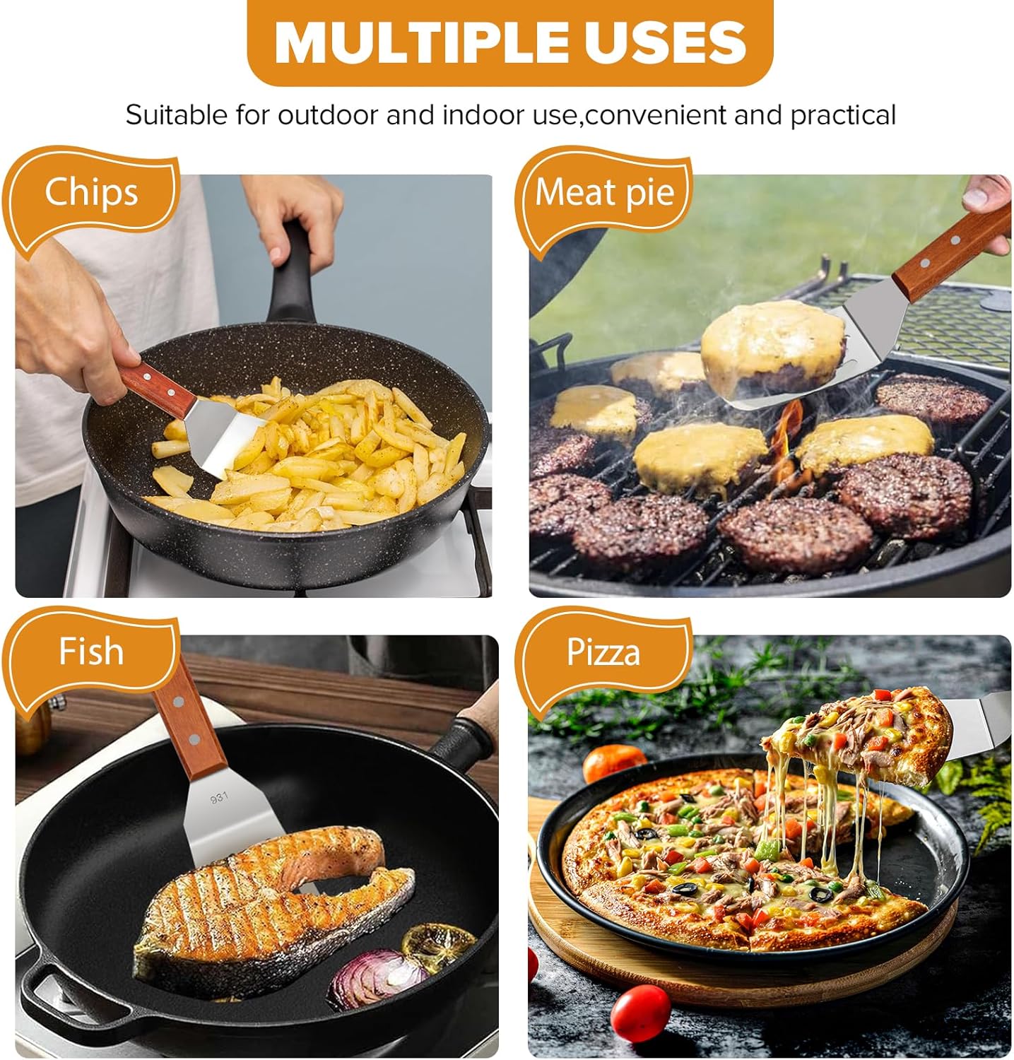 Metal Spatula Set for Kitchen Use,2Pcs Large Stainless Steel Spatulas for Cast Iron Skillet,Wood Handle Wok Flat Top Grill Griddle Spatula Turner Flipper Utensil Set for Burgers Pancake Egg Fish BBQ