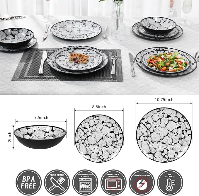 Melamine Dinnerware Sets 12pcs Rustic Farmhouse Dinner Dishes Set Lightweight Service for 4 Plastic Plates and Bowls Set, Modern Gray Bubble